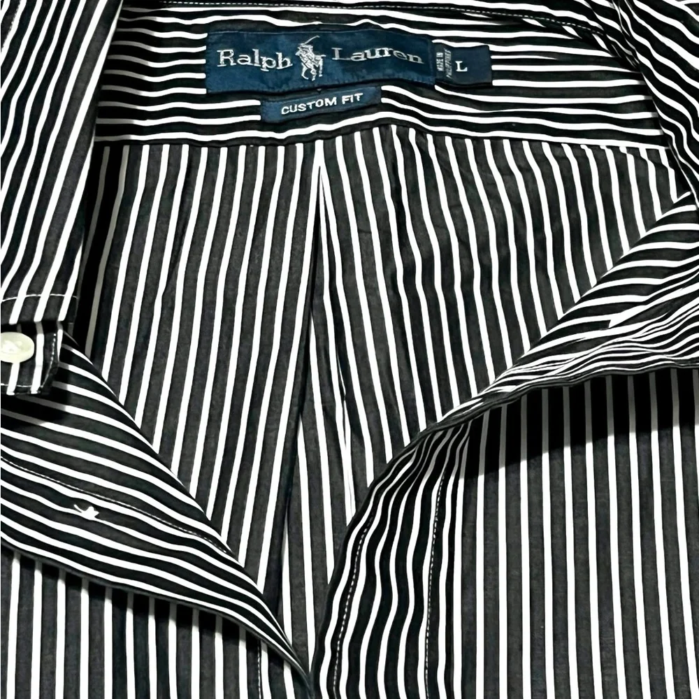 EUC Ralph Lauren Black White Striped Long Sleeve Button Down Large Custom Fit - Picture 4 of 4